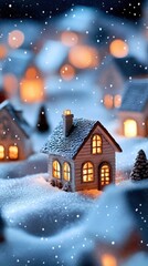 Fototapeta premium Cozy Christmas village with warm glowing lights and snowy rooftops