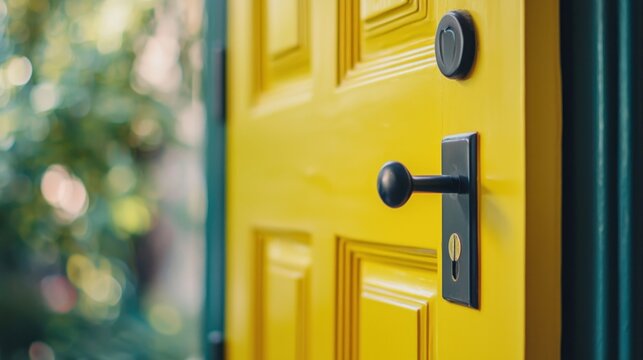 Bright yellow door with a modern handle, adding a pop of color to the entrance.