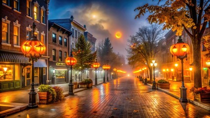 Spooky nighttime scene of Downtown Traverse City's decorated streets, lit jack-o-lanterns, and eerie fog-shrouded buildings, capturing the essence of Halloween festivities in northern Michigan.