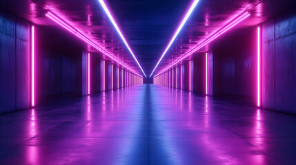 Neon Lights in a Dark Corridor 3D Illustration