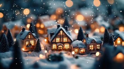 Fototapeta premium Cozy Christmas village with warm glowing lights and snowy rooftops