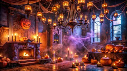 Fototapeta premium Spooky orange and purple lights illuminate a dimly lit event space with cobweb-covered chandeliers, eerie fog, and a majestic stone fireplace adorned with jack-o'-lanterns.