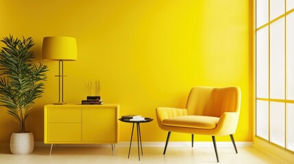 Bright yellow room with modern furnishings, creating a lively and welcoming space.