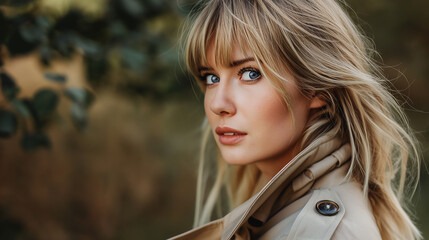 Naklejka premium Attractive blond woman in trench coat with distant gaze, outdoor setting.