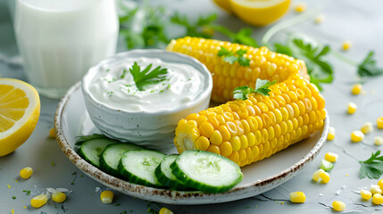 Grilled Corn on the Cob with Creamy Dip and Cucumber Slices