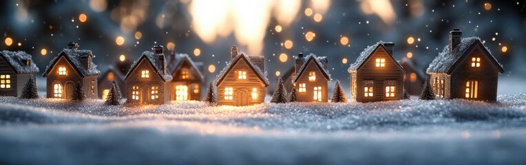 Fototapeta premium Cozy Christmas village with warm glowing lights and snowy rooftops