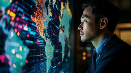 A logistics coordinator monitoring global shipping routes on a map, ensuring timely delivery of goods