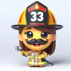 3D Happy one mustachioed emoji as a firefighter, white background