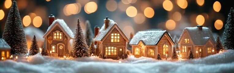Cozy Christmas village with warm glowing lights and snowy rooftops