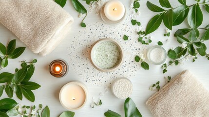 Beautiful spa treatment composition such as Towels, candles, essential oils, Massage Stones on light wooden background. blur living room, natural creams and moisturizing Healthy lifestyle, body care..
