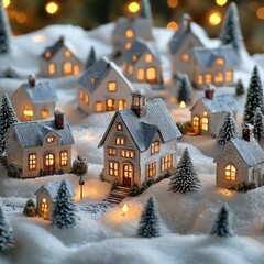 Cozy Christmas village with warm glowing lights and snowy rooftops