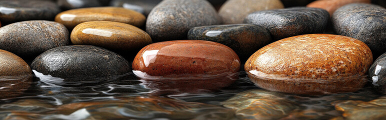 background of smooth, rounded river stones in a riverbed with water reflections