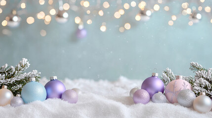 Festive arrangement of colorful Christmas ornaments on snowy background with evergreen branches and bokeh lights in soft focus
