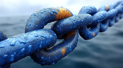 Close-up of a wet blue chain link with droplets, showcasing texture and color against a blurred water background.