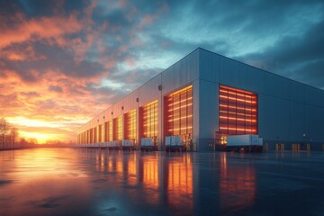 Fototapeta premium Industrial Sunset: A Warehouse with Illuminated Doors
