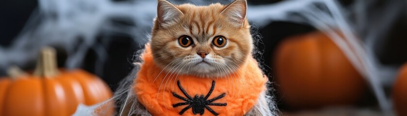 Naklejka premium A cute cat dressed in a pumpkin-themed outfit, perfect for Halloween festivities, surrounded by autumn decorations.