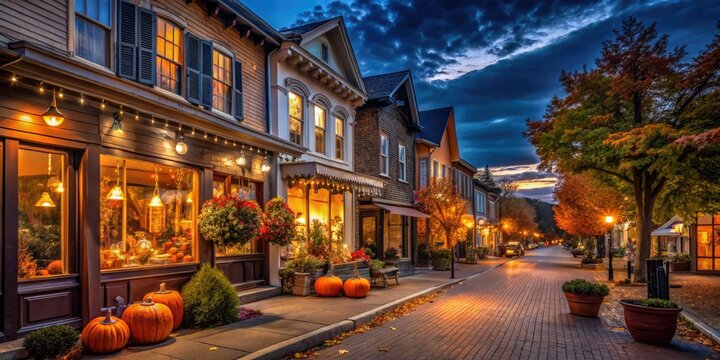 Spooky seasonal decorations and illuminated storefronts adorn the main street of a small town, glowing with an eerie ambiance on a dark autumn evening.