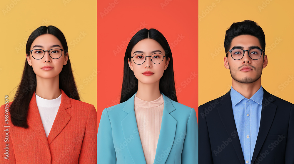 Wall mural portrait of diverse group of young professionals in colorful outfits and glasses