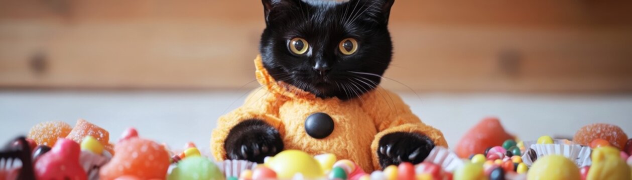 A playful black cat in an orange coat sits among colorful fruits, creating a whimsical and fun atmosphere.