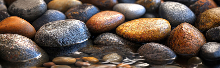 background of smooth, rounded river stones in a riverbed with water reflections