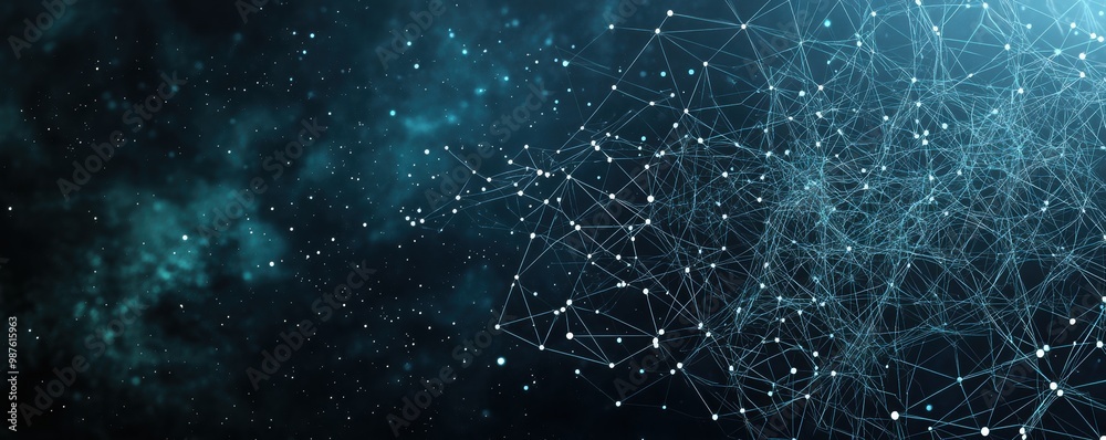 Poster dark blue abstract background featuring a complex network of interconnected points suitable for tech