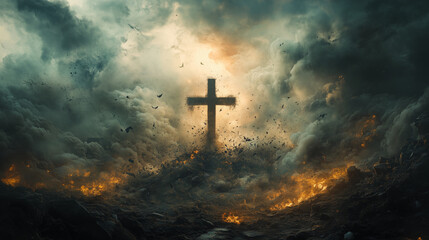 Fototapeta premium Painting of a cross in the midst of destruction 