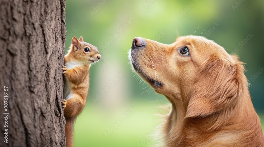 Poster A dog looking at a squirrel on the side of a tree, AI