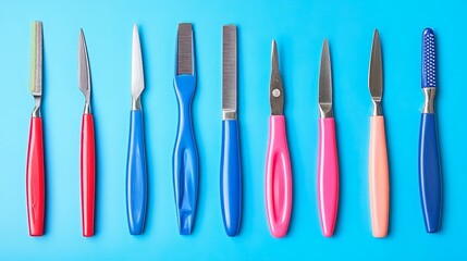 Collection of colorful grooming tools arranged on a blue background, showcasing various shapes for beauty and personal care activities.