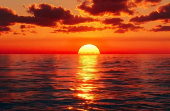 Red sunset over the sea. Large and round sun shining brightly against an orange sky with dark clouds. In front of it lies calm water reflecting its light. High quality 4k sunset footage.