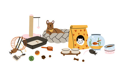 Pet animals accessories. Dog and cat house. Cage and bed. Food bows. Veterinary goods, toys. Veterinarian shop equipment. Canine and feline stuff. Fish aquarium. Grooming vector cartoon flat set
