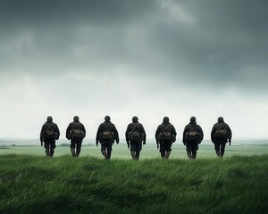 band of brothers poster, cloudy sky, soldiers are walking, open field, green tones