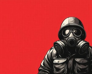 russian soldier in gas mask Made in vintage russian propaganda poster