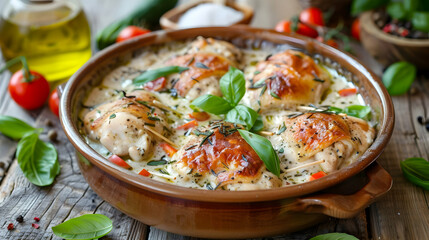 Creamy Baked Chicken Breast with Basil and Rosemary