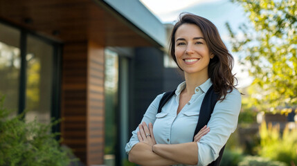 Fototapeta premium Confident American Real Estate Agent Outside Modern Home - Expertise and Approachability