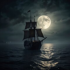 A medieval ship sailing in thick fog, illuminated by the moon, eerie and mysterious ambiance