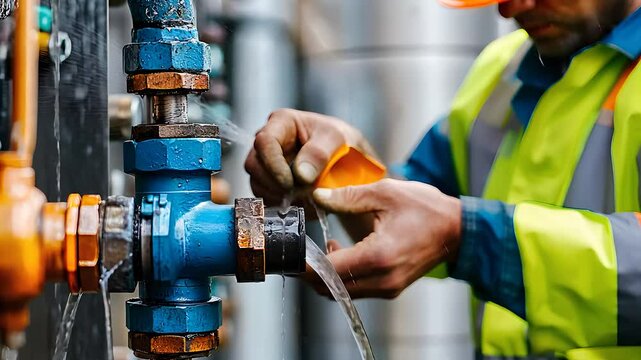 Plumber fixing industrial water pipeline with wrench, showcasing maintenance work, pipe repair, and engineering in a utility setting.

