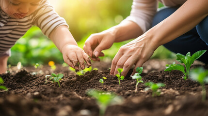 Mother and Child Planting Seeds in Backyard Garden - Spring Gardening Concept