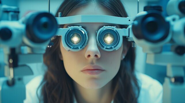 Picture shows a woman in an optician's office undergoing an eye test while wearing dioptric glasses