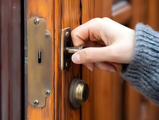 Obraz premium Hands Unlocking Wooden Door With Metal Lock And Key