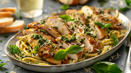 Grilled Chicken Pesto Pasta with Basil and Parmesan