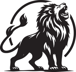 Stylized lion silhouette, roaring pose, black and white illustration