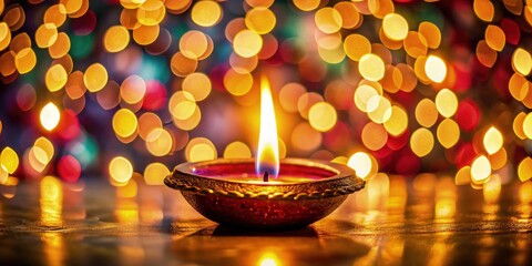 Realistic photography of warm candlelight with soft golden bokeh in the background, celebrating the Indian holiday Diwali, with ample copy space for text