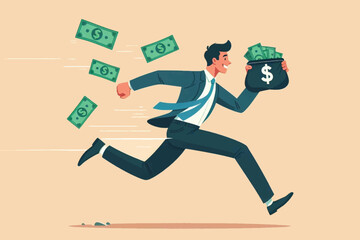 Fototapeta premium Happy successful businessman running carrying money bag and money scattered around him, symbol of financial success and wealth, money, bag, dollar,