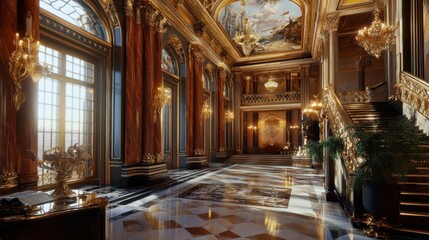 Obraz premium Luxurious Grand Hallway With Opulent Decor and Chandeliers