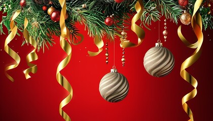 A festive red background with curling ribbons of gold cascading from the top, intertwined with small ornaments and sprigs of pine, luxurious holiday effect. Made with generative AI technology