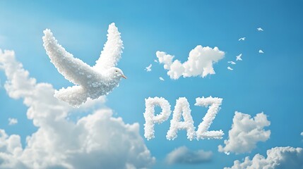Naklejka premium White Dove Flying in the Blue Sky, with a Sign in Its Paws with the Word 