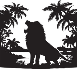 Stylized lion silhouette, roaring pose, black and white illustration