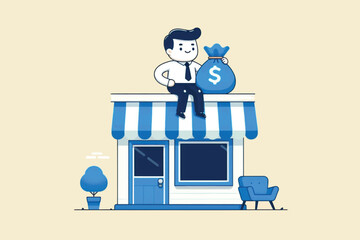 Cartoon illustration of a happy young businessman sitting on top of a shop with a money bag