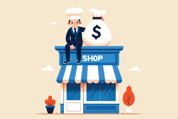 Retail business success concept, a businessman sitting on top of a shop wearing a chef's hat and carrying a money bag