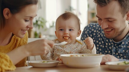 Feeding their baby, a young family engages in nurturing moments during mealtime.